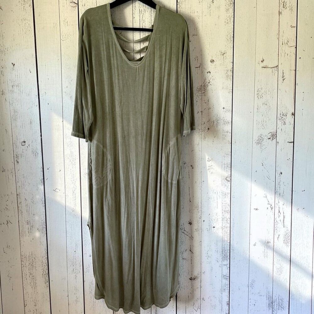 Cato Women's Green Acid Wash Maxi Dress Boho Pockets Rayon Stretch XLP Lagenlook